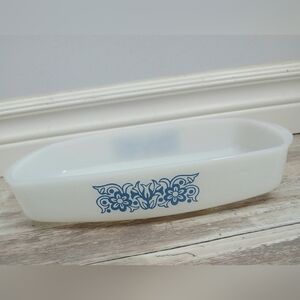 Vintage Federal Glass Blue Scroll Milk Glass Casserole Baking Dish 10"
